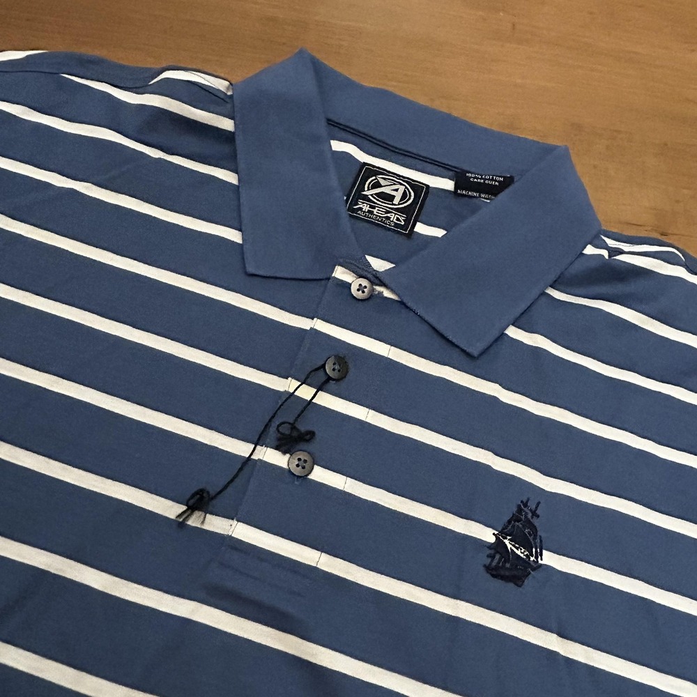 Ahead Polo Shirt Mens Large Blue White Striped Nautical Ship Embroidery Cotton